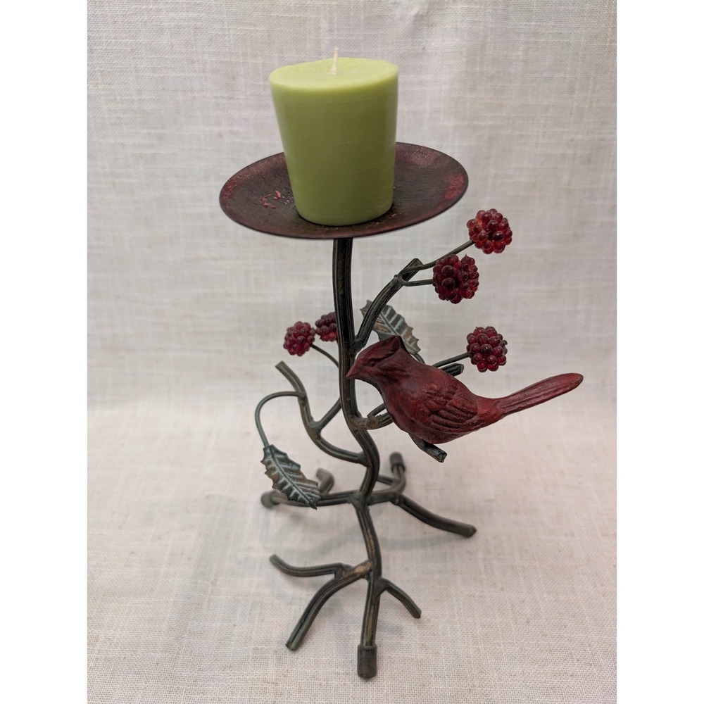 Metal Bird Leaves & Berries Candlestick Holder 10"